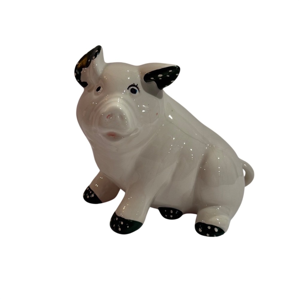Vintage Cottagecore Ceramic Pig Figurine Farmhouse Green Polka Dot Country Decor